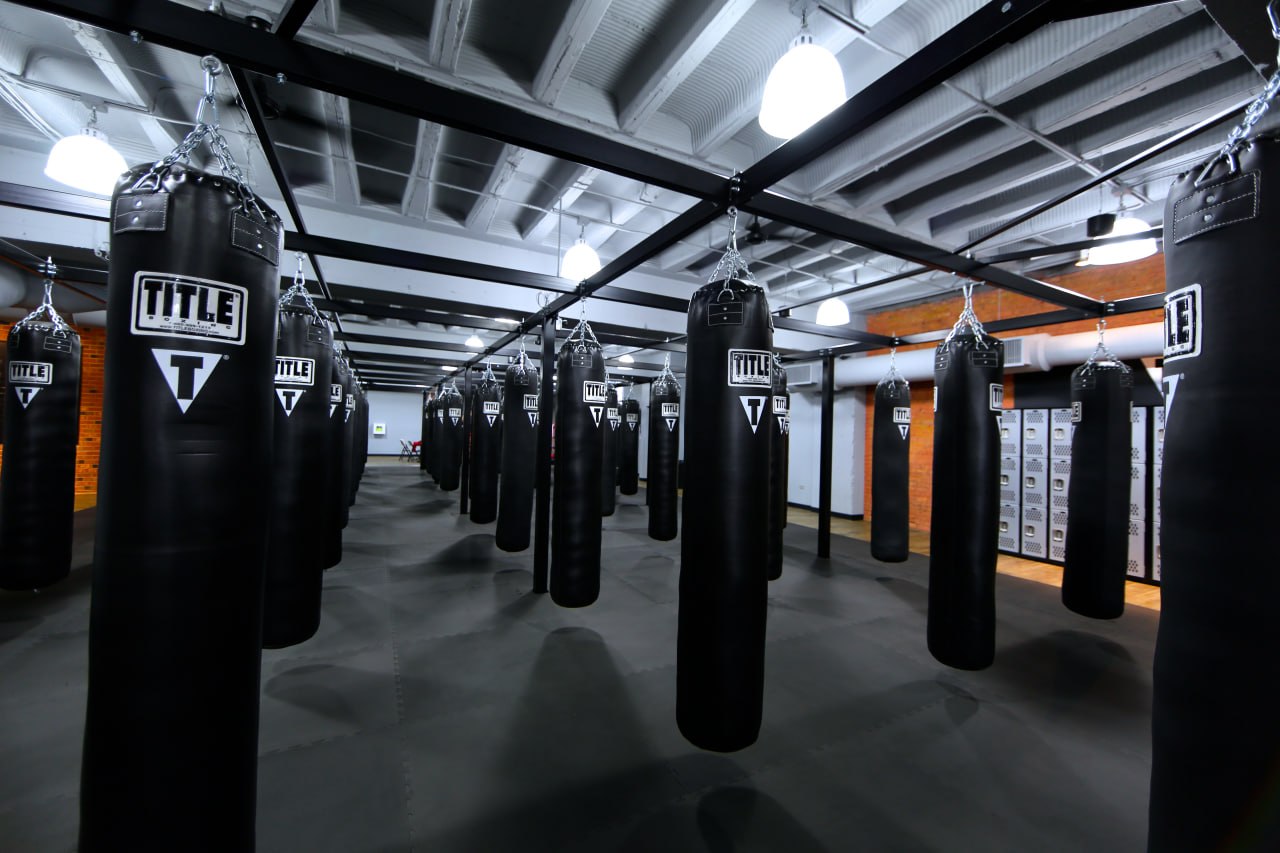 Boxing training facility with rows of Title heavy bags and pendant lighting