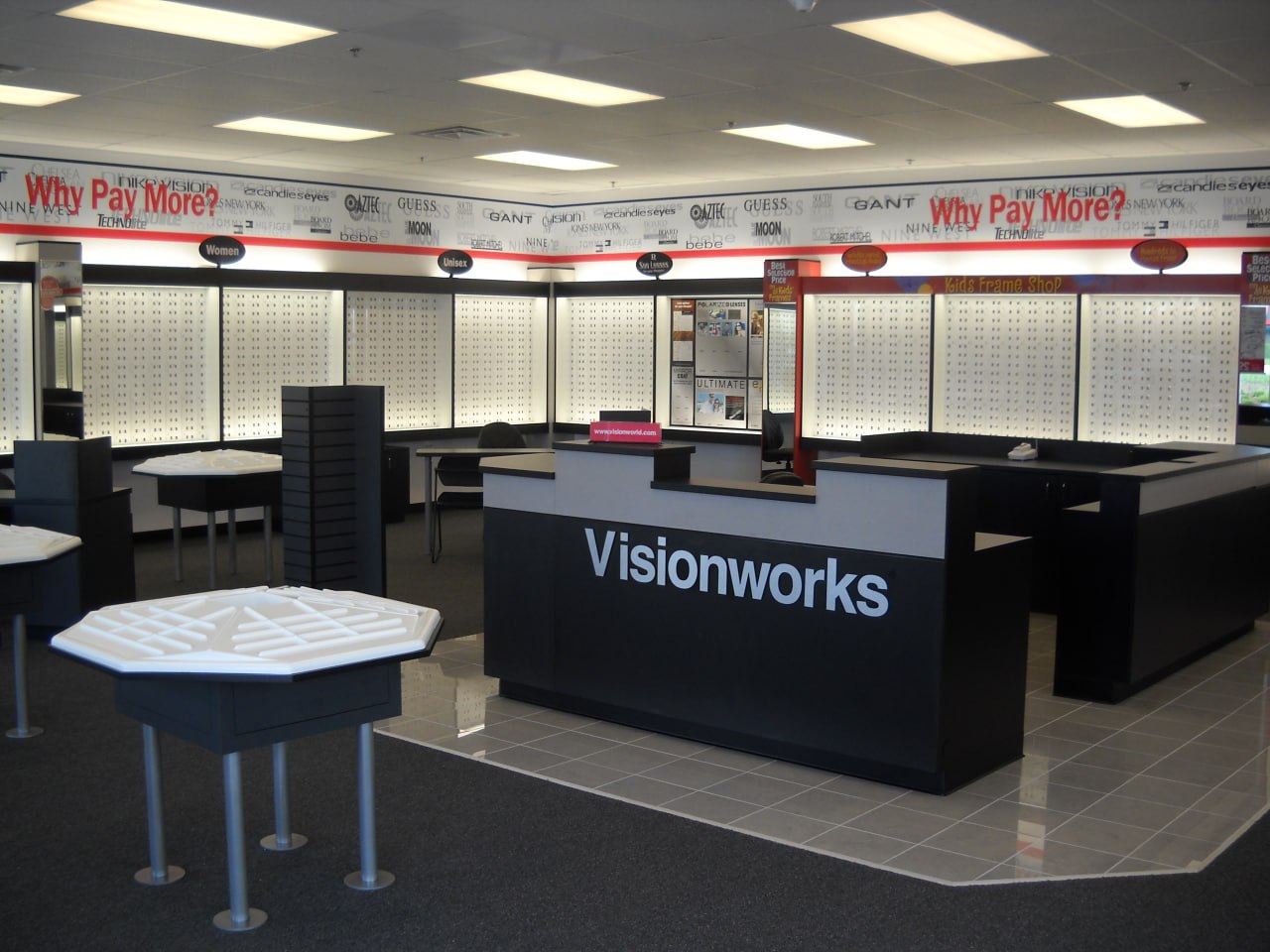 Visionworks optical store interior with eyewear display workstations